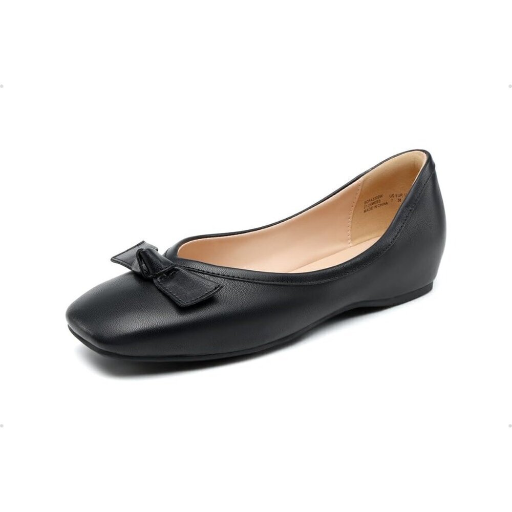Dream Pairs Women's Black Faux Leather Square Toe Low Wedge Ballet Flats Shoes